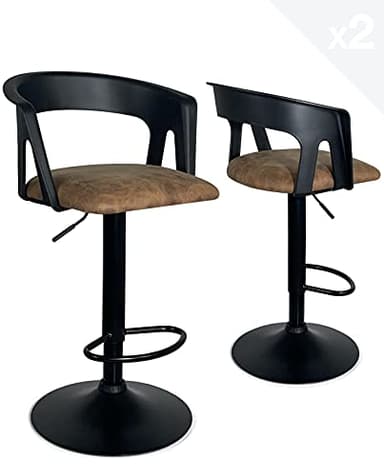 KAYELLES Lot de 2 tabourets de Bar Cuisine, Hauteur réglable, pivotant 360°, Repose Pieds, Assise Simili Cuir rembourrée, Dossier et accoudoirs AYO (Noir Marron)