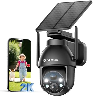 YESYAMO 2K Camera Surveillance WiFi Exterieure sans Fil Solaire, 2.4GHz Camera Exterieur avec Panneau Solaire, 355° PTZ, Vision Nocturne Couleur, Audio Bidirectionnel, PIR Sirène (Noir)
