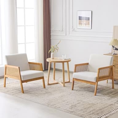 Ckaff Lot de 2 Fauteuil Salon Relax en Bouclé, Fauteuil Moelleux avec Coussins Épais et Accoudoirs en Bois pour Chambre à Coucher Salon, Fauteuils de Lecture avec Cadre en Bois, Beige
