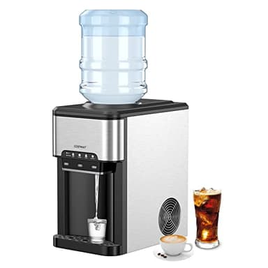 COSTWAY 3 en 1 Machine à Glaçons avec Fontaine à Eau Bonbonne Froide/Chaude, en Acier Inoxydable, 19 kg en 24h, Capacité de 1,5 L, Préparation Rapide en 6-13 Min, Ice Maker Facile à Nettoyer, Noir
