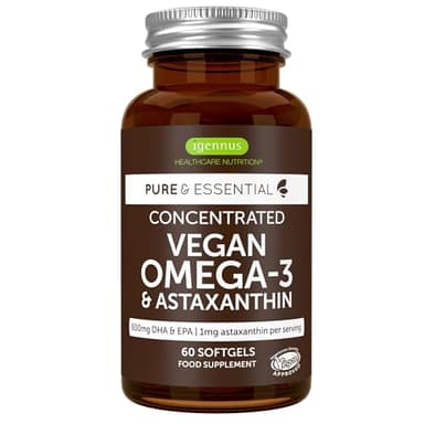 Omega 3 Vegan, 600mg de DHA & EPA, Huile d’Algues & Astaxanthine, Pure & Durable, 60 Gélules (1 mois) - par Igennus