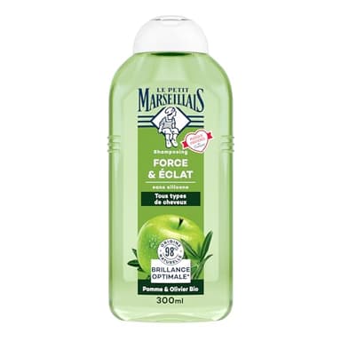 Le Petit Marseillais – Shampooing Force & Éclat Pomme & Olivier Bio (300 ml) – Shampoing sans silicone pour cheveux normaux – 98% d'origine naturelle pour une brillance optimale