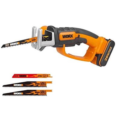 WORX Scie Sabre sans Fil 20V WG894E, Jusqu'à 60mm dans le Bois, Course de 16mm, Multimatériaux, Coupe le Bois et l'Acier, Compacte et Légère, Avec 1 Batterie 2Ah, Chargeur et 3 Lames