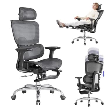LarkLeaves Chaise de Bureau Ergonomique avec Repose-Pieds, Fauteuil Ergonomique 5 Niveaux Réglage Dossier, Support Lombaire 2D et Accoudoirs/Tête 3D, Siège/Tête/Dos en Maille Respirante, Noir