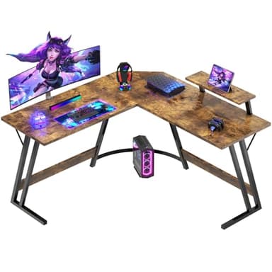 Devoko Bureau Gaming d'angle 120 x 120cm avec Support d'écran, Table Informatique en Coin,Bureau Gamer en Forme de L Table pour Etudier, Jouer et Travailler Marron