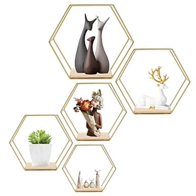 Étagères Murales Hexagonal Lot de 5, Etagere Murale Fer, Étagères Métalliques de Rangement pour Cuisine, Salle de Bain, Salon Chambre Bureau, Étagère en Métal Flotté Afficher Plante Livres (Or 5)