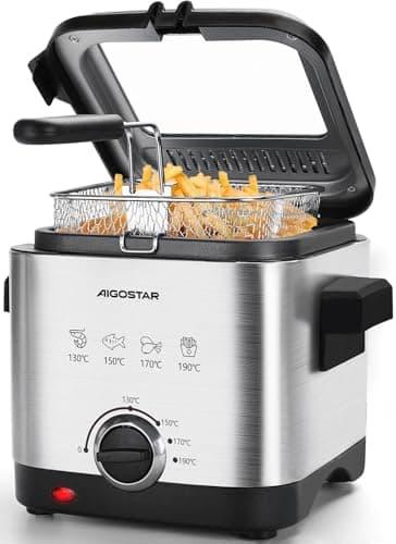 Aigostar Friteuse 1,5L 1000W - Acier Inoxydable 304 Sans BPA, Thermostat Réglable (130-190°C), Filtre à Graisse, Panier Amovible et Fenêtre de Visualisation - Matériau Alimentaire