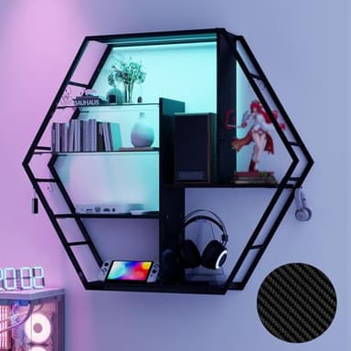 YU YUSING Étagère Vitrine Murale en Métal, LED 7 Couleurs, Bibliothèque Suspendue 2 Supports en Verre, 8 Crochets, Meuble Collection, Salon, Bar, Decoration Chambre Ado, Hexagone Finition Style Gaming
