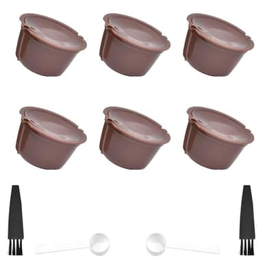 Lot de 6 capsules de café réutilisables, avec 1 cuillère et 1 brosse de nettoyage, pour dosettes réutilisables Dolce Gusto, tasses filtrantes pour café moulu (marron).