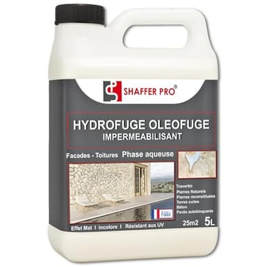 SHAFFER Pro Hydrofuge Oléofuge Professionnel – Imperméabilisant Travertin, Pierre Naturelle, Façade, Carrelage Extérieur Terrasse, Dalle, Produit Sol Anti-Mousse – 5L – Made in France