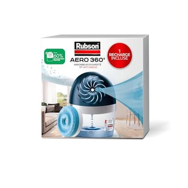 Rubson - Absorbeur d'Humidité Aero 360 pour pièces de 20 m² – Déshumidificateur d'air anti-odeurs et anti-moisissures – 1 recharge neutre de 450 g incluse