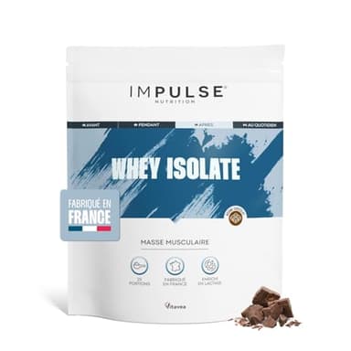 Impulse Nutrition - Whey Isolate Chocolat - Protéines et BCAA - 25g Protéines/Portion - Digestion Facilitée - Faible en Sucres - Boisson Récupération - Sport et Performance - 750g - Fabriqué en France