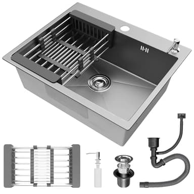 STANEW Évier Cuisine 1 Bac 55 x 45 cm, petit Évier Inox Cuisine inclus avec,Trous pour Robinets et Distributeur de Savon et panier télescopique