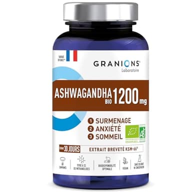 ASHWAGANDHA BIO 1200 MG GRANIONS 30 Jours - Régulation du Cortisol - Ashwagandha KSM-66 - Anti Stress Adulte, Sommeil Adulte - Cortisol Perte de Poids - 60 comprimés - Fabriqué en France