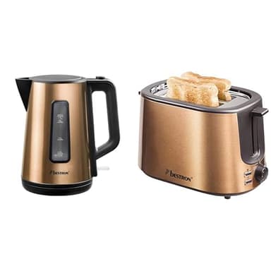 Bestron Grille-pain avec 2 fentes pour griller des toasts, Tiroir ramasse-miettes et gril intégrés & Bouilloire électrique sans fil avec arrêt automatique, 1,7 Litres, Acier inoxydable, Design cuivré