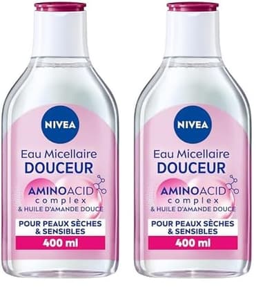 NIVEA Eau Micellaire DOUCEUR Peaux Sèches et Sensibles (1 x 400 ml), démaquillant enrichi aux micelles et acides animés sans parfum, nettoyant visage yeux & lèvres (Lot de 2)