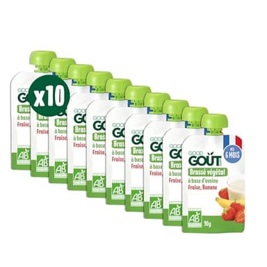 GOOD GOÛT - Brassé Végétal À Base D'Avoine - Dessert Bébé - Dès 6 Mois - Fraise, Banane - Sans Lactose Ni Protéines De Lait De Vache - Format Nomade - 10x90g (L'emballage peut varier)