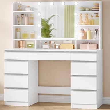 Hzuaneri Grande Coiffeuse avec Éclairage LED, 10 Boules Lumineuses LED, 3 Couleurs, Luminosité Réglable, Miroir, 9 Tiroirs, 9 Étagères Ouvertes, Blanc-Argent DT35703W