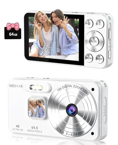Appareil Photo Numérique 4K 64GB, Wevoor 64MP Autofocus Appareil Photo Compact Portable avec 2,8" LCD, 18X Zoom Numérique, 2000mAh Batterie, pour Vlog Voyage Fête Selfies Étudiant Adulte Débutant