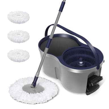 MASTERTOP Seau Essoreur à Pédale et Balai à Franges en Microfibre, Balai Serpillère Rotatif à 360° et Seau avec Manche Long pour Nettoyage de Sol, 3 Tampons