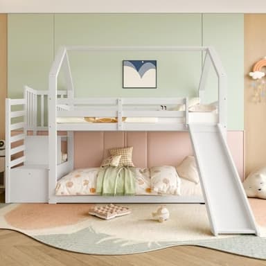 PUGSDRLY Lit Superposé Enfant 90x200cm avec Toboggan Installé Gauche ou Droite,Lit Cabane Enfant avec Escalier de Rangement,Cadre de Superposés pour Enfant et Adolescent (Blanc, 90)
