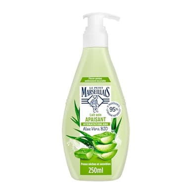 Le Petit Marseillais - Lait Soin Apaisant (Flacon-Pompe de 250 Ml) – Lait Corps pour Peaux Sèches et Sensibles – Lait Corporel Hydratation 48H à l'Aloe Vera Bio