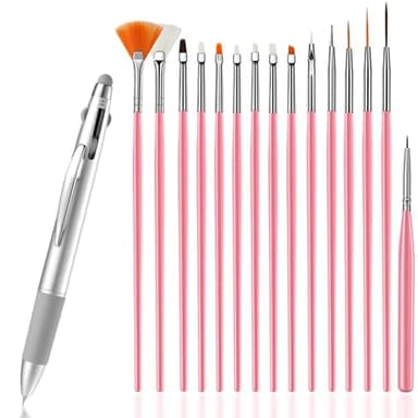 Lot de Pinceau Nail Art, 5 en1 Dotting Pen & 15 pièces Pinceau Ongle Nail Art Pinceau Nail Art pour Gel UV et Acrylique Outils de Dotting Double Face pour Points, Strass, Dégradés et Poudre Chromée
