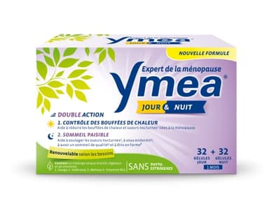 Ymea Jour & Nuit - Complément Alimentaire ménopause1 - actifs végétaux et vitamines - contrôle des bouffées de chaleur1 et sommeil paisible2,3-64 gélules - 1 mois