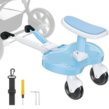 BugyKido Buggy Board avec siège, marchepied pour poussette universelle, planche pour toutes les poussettes, pour enfants de 2 à 6 ans (25 kg), planche universelle bleue