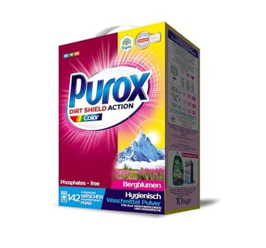 PUROX COLOR Lessive en Poudre (142 Lavages) – pour Textiles Colorés, Élimine les Taches, Formule Optimisée, Anti-Calcaire, Sac 10 kg