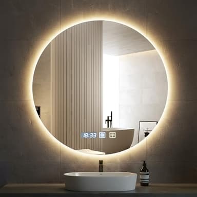 Hondony Miroir de salle de bain rond à LED, 60 x 60 cm, mural, antibuée, lumière variable en 3 couleurs, miroir antibuée avec lumières rétroéclairées, pour salle de bain