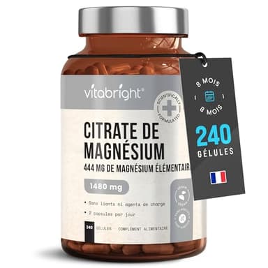 Citrate de Magnésium 1480 mg – 444 mg de Magnésium Élémentaire par Portion – 240 Gélules (4 à 8 Mois) – Formule Sans Additifs – VitaBright Magnésium