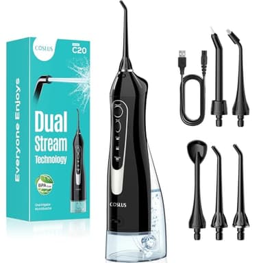 COSLUS Jet Dentaire Hydropulseur Portable 300 ML Sans Fil Irrigateur Dentaire Rechargeable Hydropulseur Dentaire Double Débit d'eau Water Oral Flosser Étanche IPX7 Pour La Maison et Les Voyages Noir