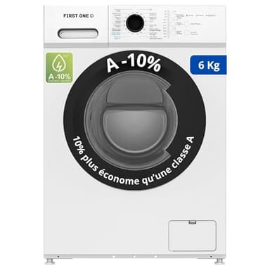 Lave-linge frontal FIRST ONE FLL61000WH - 6 Kg - 1000 tr/mn - 16 programmes - Eco - Intensif - Rapide – Très Faible conso Classe A-10%