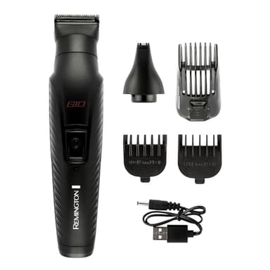 Remington Tondeuse multifonction 10en1 (Kit de rasage pour visage, barbe, sourcils, oreilles & nez avec 2 têtes + 3 sabots, tondeuse pour corps, lames auto-affûtées en graphite, charge USB) G10 PG2100