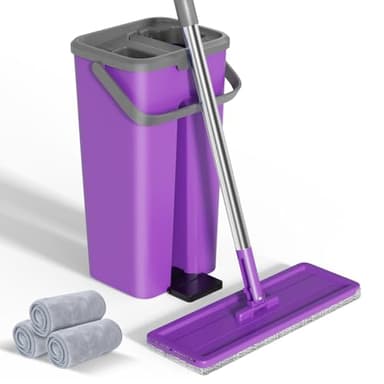 Eukue Serpillère Plate, Balai Serpillière Microfibre avec 3 Serpillères Réutilisables, 2 en 1 Serpillère Seau Essoreur avec Manche INOX, Ensemble Sceau Menage Essoreur Balai Nettoyage Sol(Pourpre)