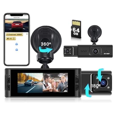 Inefala WiFi Dashcam Voiture Avant Intérieur, Carte SD 64G, 2 Canaux Dash Cam avec 1080P 3.16" Écran, Camera Voiture Vision Nocturne, WiFi/APP Intégré, Enregistrement en Boucle, Détection de Mouvement