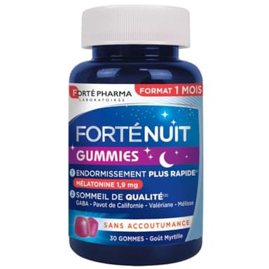 Forté Pharma - FortéNuit Gummies - 1,9 mg de Mélatonine et Plantes, GABA - Douce nuit - Complement Alimentaire Sommeil – Endormissement rapide & Sommeil de Qualité favorisés - 30 gommes, 1/jour