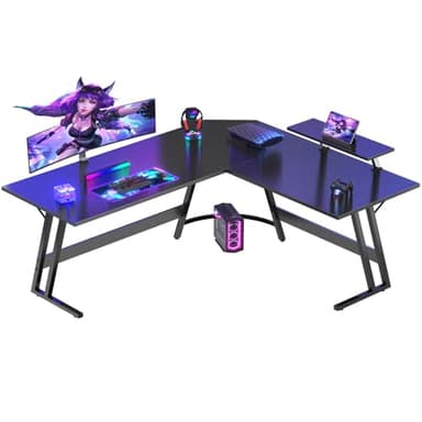 Devoko Bureau Gaming d'angle 150 x 130cm avec Support d'écran, Table Informatique en Coin,Bureau Gamer en Forme de L Table pour Etudier, Jouer et Travailler Carbon Noir