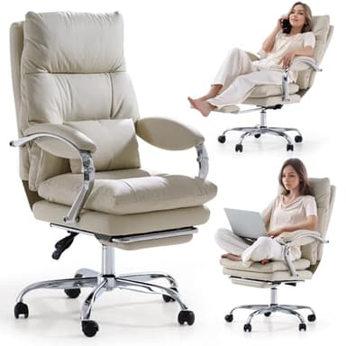 EMIAH Chaise de bureau avec repose-pieds, fauteuil de bureau confortable avec accoudoirs, ergonomique fauteuil de direction cuir PU inclinable avec roulettes, Chaise d'ordinateur coussin épaissi,Beige