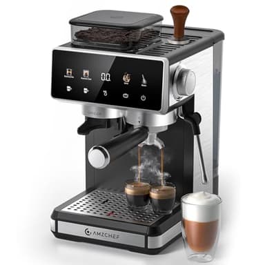 AMZCHEF Machine à Café Expresso avec Broyeur,Cafetière à Grains 20 Bar,Contrôle Personnalisé : 3 Températures & 20 Réglages Mouture,Mousseur à Lait, Café Froid,1350W