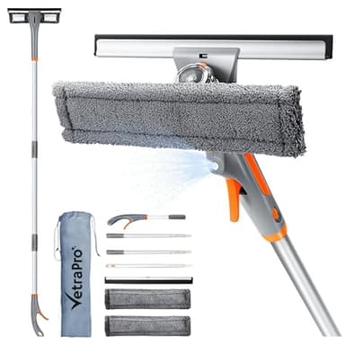 VetraPro Raclette Vitre Professionnelle – Lave Vitre 4 en 1 avec Manche Télescopique 25 à 225 cm et Pulvérisateur pour Nettoyant Vitre – Nettoyeur Vitre pour Un Nettoyage Impeccable, Kit Polyvalent