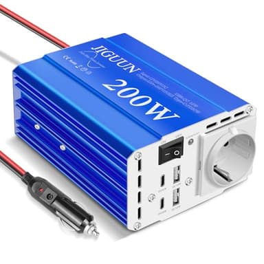 JIGUUN 200W Convertisseur 12V/24V 220V Pur Sinus Onduleur transformateur Puissance crête 400W avec 1 Prises EU 2 Port USB 2 Ports Type-C 30W pour Voiture Camping Voyage Urgence