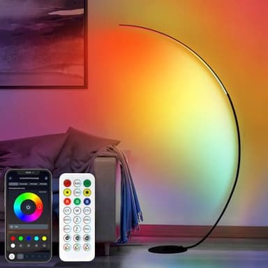 POWROL Lampadaire RGB Arc avec Plusieurs Modes Lumière Couleurs Lampe sur Pied LED Dimmable Minuterie 1/2/4H Mémoire qui Bouge au Rythme Musique Application Lampadaire sur Pied Salon Discothèque