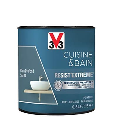 V33 Peinture multi-supports monocouche Cuisine & Bain Resist'Extrême® Satin, Bleu Profond, 0,5L