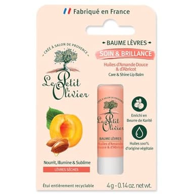 LE PETIT OLIVIER - Baume Lèvres Soin & Brillance - Huile D'Amande Douce et Abricot - Nourrit, Illumine & Sublime - Lèvres Sèches - Huiles 100% Végétales & Beurre de Karité - Fabriqué en France - 4 g