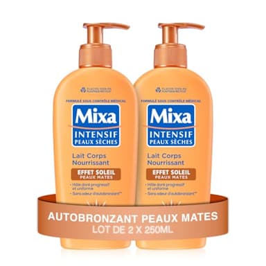 Mixa Intensif Peaux Sèches - Lait Corps Nourrissant Effet Soleil - Autobronzant - Hâle Doré Naturel Progressif et Uniforme - Peaux Mates - Hypoallergénique - Lot de 2, 250ml