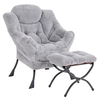 SESHINELL Fauteuil de lecture rembourré confortable avec poche latérale et accoudoirs, chaise paresseuse moderne pour chambre à coucher et repose-pieds pour salon, gris peluche