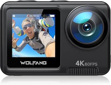 WOLFANG 4K 60FPS Caméra Sport GA400, 20MP WiFi 8M Corps Etanche Action Camera, 40M Sous-Marine Ultra HD 170 °Grand Angle, Sac à Main, EIS, Télécommande 2x1350mAhBatteries et Kit d'accessoires