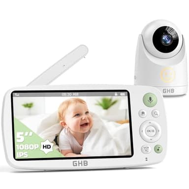 GHB Babyphone Caméra 5'' HD 1080P Caméra Bébé avec Longue Autonomie Batterie 4000 mAh 7 x 24H en Mode VOX 4X Zoom Communication Bidirectionnelle Vision Nocturne Capteur de Température